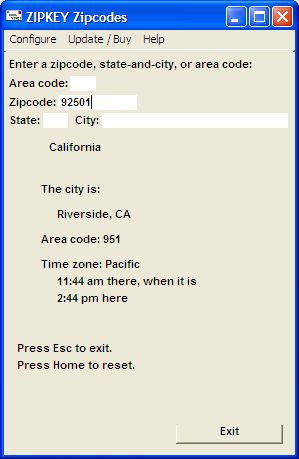 Zipcode and US area code lookup tool, can feed results via keystrokes to apps.